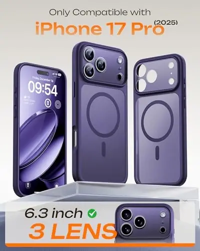 TOCOL iPhone 17 Pro uchun g'ilof, to'liq kamera himoyasi, o'rnatilgan magnit halqa, Magsafe zaryadlovchi bilan mos, iPhone 17 Pro 6.3 dyuym uchun yarim shaffof mat g'ilof (Midnight Purple) - 2