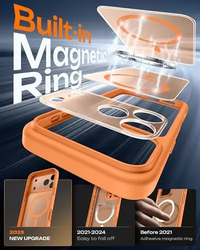 TOCOL iPhone 17 Pro uchun g'ilof, to'liq kamera himoyasi, o'rnatilgan magnit halqa, Magsafe zaryadlovchi bilan mos, tushishdan himoya, iPhone 17 Pro 6.3 dyuym uchun yarim shaffof matli telefon g'ilofi (Apelsin) - 4