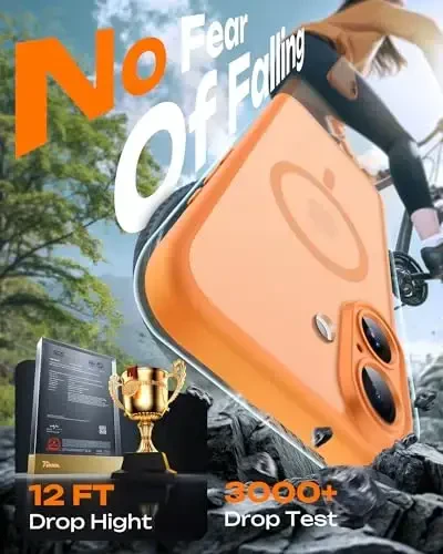 TOCOL iPhone 17 uchun g'ilof, to'liq kamera himoyasi, o'rnatilgan magnit halqa, Magsafe zaryadlovchisi bilan mos, tushishdan himoya, iPhone 17 6.3 dyuym uchun yarim shaffof matli telefon g'ilofi (to'q sariq) - 5