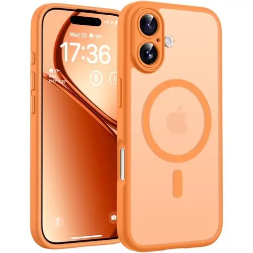 TOCOL iPhone 17 uchun g'ilof, to'liq kamera himoyasi, o'rnatilgan magnit halqa, Magsafe zaryadlovchisi bilan mos, tushishdan himoya, iPhone 17 6.3 dyuym uchun yarim shaffof matli telefon g'ilofi (to'q sariq) - 1
