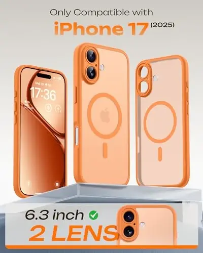 TOCOL iPhone 17 uchun g'ilof, to'liq kamera himoyasi, o'rnatilgan magnit halqa, Magsafe zaryadlovchisi bilan mos, tushishdan himoya, iPhone 17 6.3 dyuym uchun yarim shaffof matli telefon g'ilofi (to'q sariq) - 2