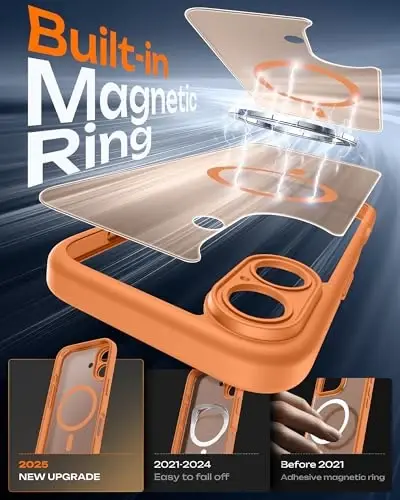 TOCOL iPhone 17 uchun g'ilof, to'liq kamera himoyasi, o'rnatilgan magnit halqa, Magsafe zaryadlovchisi bilan mos, tushishdan himoya, iPhone 17 6.3 dyuym uchun yarim shaffof matli telefon g'ilofi (to'q sariq) - 3