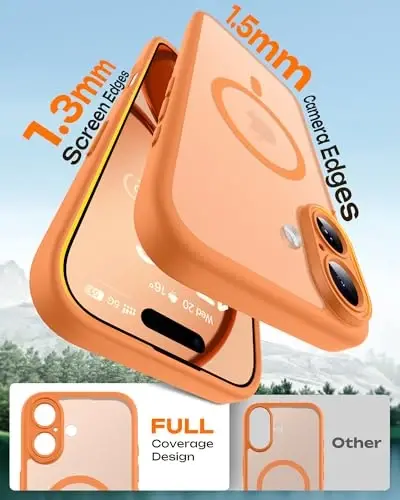 TOCOL iPhone 17 uchun g'ilof, to'liq kamera himoyasi, o'rnatilgan magnit halqa, Magsafe zaryadlovchisi bilan mos, tushishdan himoya, iPhone 17 6.3 dyuym uchun yarim shaffof matli telefon g'ilofi (to'q sariq) - 6