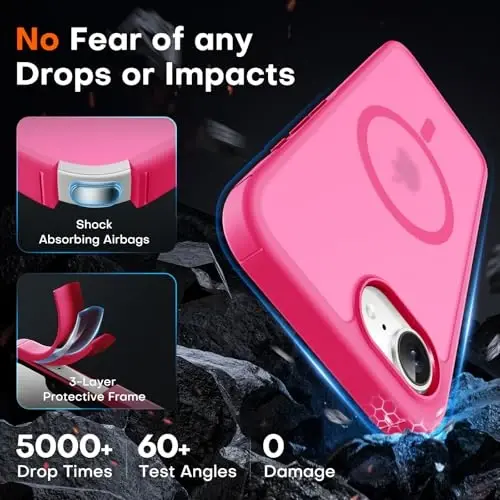 TOCOL iPhone 17e g‘ilofi uchun, Magsafe bilan mos keladi, Harbiy darajadagi tushishdan himoya, Yupqa yarim shaffof matli zarbga chidamli iPhone 17 e 6.1 dyuymli g‘ilof (To‘q pushti) - 4
