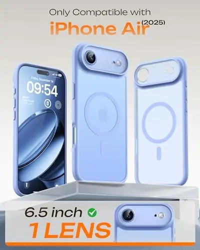 TOCOL iPhone Air Case uchun, to'liq kamera himoyasi, o'rnatilgan magnit halqa, Magsafe zaryadlovchi bilan mos, tushishdan himoya, iPhone 17 Air 6.5 dyuym uchun shaffof matli telefon qutisi (och ko'k) - 5