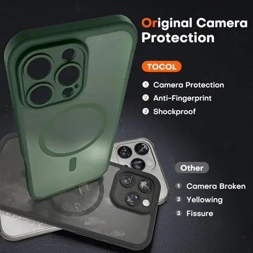 TOCOL Magnetic for 16 Pro Alpine Green Case, Upgraded Full Camera Protection, Compatible with Magsafe, Drop Protection, Translucent Matte Back Bumper for iPhone 16 Pro 6.3-Inch (Alpine Green) - 5