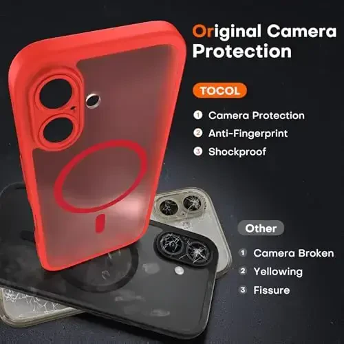 TOCOL Magnetic for 16 Red Case, Upgraded Full Camera Protection, Compatible with Magsafe, Drop Protection, Translucent Matte Back Bumper Phone Cover 6.1-Inch (Red) - 5