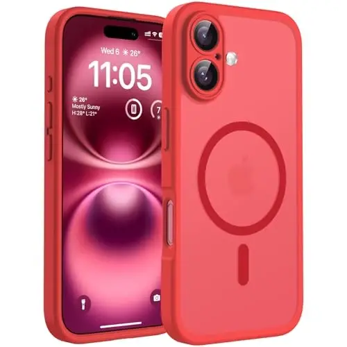 TOCOL Magnetic for 16 Red Case, Upgraded Full Camera Protection, Compatible with Magsafe, Drop Protection, Translucent Matte Back Bumper Phone Cover 6.1-Inch (Red) - 1