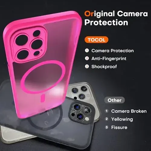 TOCOL Magnetic for iPhone 12 Pro Max Case, Upgraded Full Camera Protection, Compatible with Magsafe, Drop Protection, Translucent Matte Back Bumper Phone Cover 6.7-Inch（Hot Pink） - 5