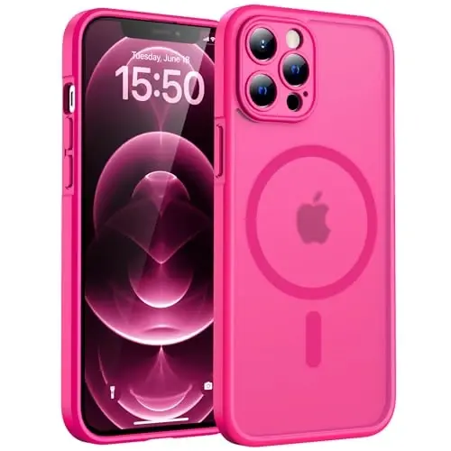 TOCOL Magnetic for iPhone 12 Pro Max Case, Upgraded Full Camera Protection, Compatible with Magsafe, Drop Protection, Translucent Matte Back Bumper Phone Cover 6.7-Inch（Hot Pink） 