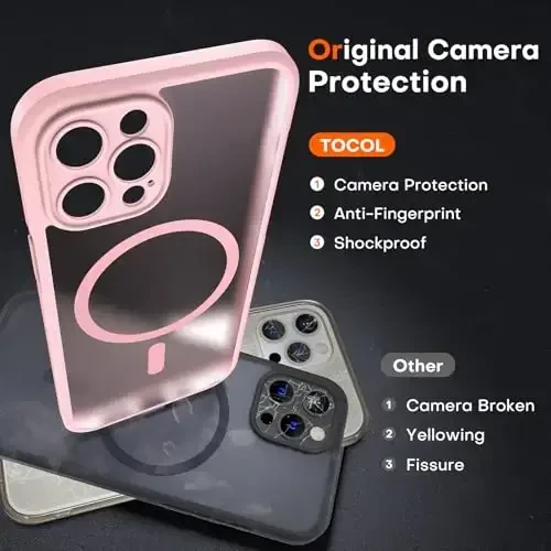 TOCOL Magnetic for iPhone 12 Pro Max Case, Upgraded Full Camera Protection, Compatible with Magsafe, Drop Protection, Translucent Matte Back Bumper Phone Cover 6.7-Inch（Pink） - 5