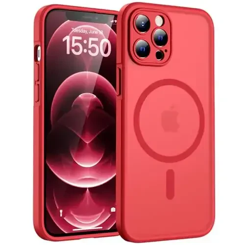 TOCOL Magnetic for iPhone 12 Pro Max Case, Upgraded Full Camera Protection, Compatible with Magsafe, Drop Protection, Translucent Matte Back Bumper Phone Cover 6.7-Inch（Red） 