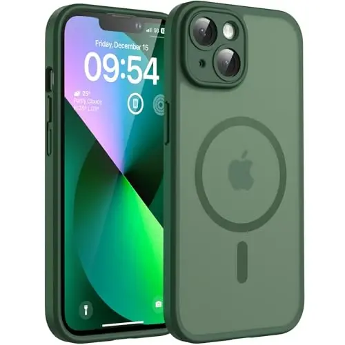 TOCOL Magnetic for iPhone 13 Case, Upgraded Full Camera Protection, Compatible with Magsafe, 15FT Drop Protection, Translucent Matte Back Bumper Phone Cover 6.1-Inch (Alpine Green) 