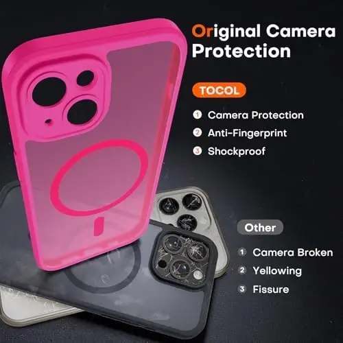 TOCOL Magnetic for iPhone 13 Case, Upgraded Full Camera Protection, Compatible with Magsafe, Drop Protection, Translucent Matte Back Bumper Phone Cover 6.1-Inch (Hot Pink) - 5