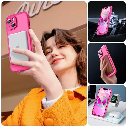 TOCOL Magnetic for iPhone 13 Case, Upgraded Full Camera Protection, Compatible with Magsafe, Drop Protection, Translucent Matte Back Bumper Phone Cover 6.1-Inch (Hot Pink) - 6