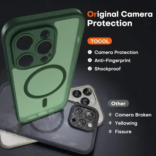 TOCOL Magnetic for iPhone 13 Pro Max Case Upgraded Full Camera Protection Compatible with Magsafe Drop Protection Translucent Matte Back Phone Cover 6.7-Inch, (Alpine Green) - 5