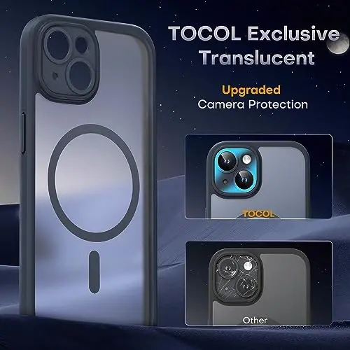 TOCOL Magnetic for iPhone 14 Case, Upgraded Full Camera Protection, Compatible with Magsafe, Drop Protection, Translucent Matte Back Bumper Phone Cover 6.1-Inch (Black) - 6