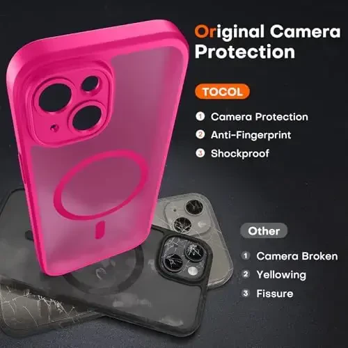 TOCOL Magnetic for iPhone 14 Case, Upgraded Full Camera Protection, Compatible with Magsafe, Drop Protection, Translucent Matte Back Bumper Phone Cover 6.1-Inch (Hot Pink) - 5