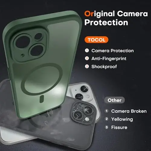 TOCOL Magnetic for iPhone 15 Case, Upgraded Full Camera Protection, Compatible with Magsafe, Drop Protection, Translucent Matte Back Bumper Phone Cover 6.1-Inch (Alpine Green) - 5