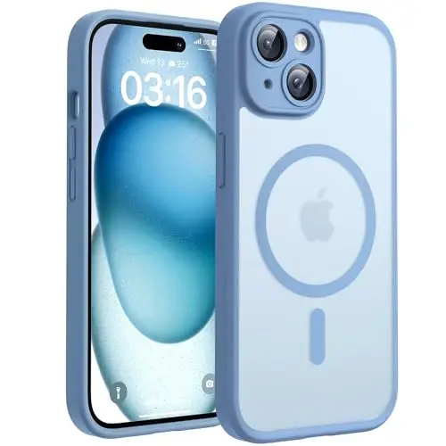 TOCOL Magnetic for iPhone 15 Case, Upgraded Full Camera Protection, Compatible with Magsafe, Drop Protection, Translucent Matte Back Bumper Phone Cover 6.1-Inch (Light Blue) 