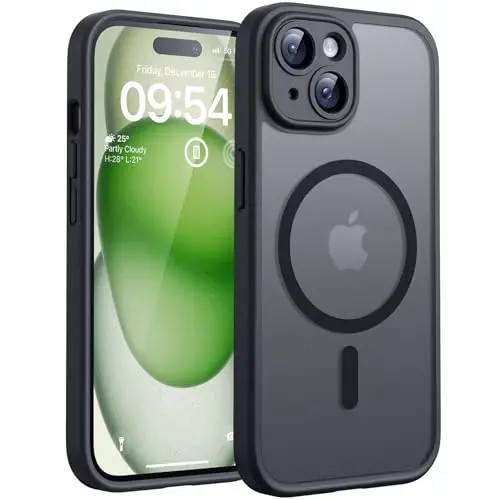 TOCOL Magnetic for iPhone 15 Case, Upgraded Full Camera Protection, Compatible with Magsafe, Drop Protection, Translucent Matte Back Bumper Phone Cover 6.1-Inch（Space Black） - TOCOL