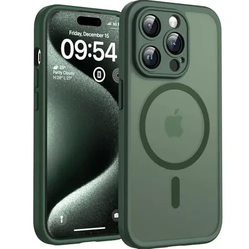 TOCOL Magnetic for iPhone 15 Pro Case, Upgraded Full Camera Protection, Compatible with Magsafe, Drop Protection, Translucent Matte Back Bumper Phone Cover 6.1-Inch (Alpine Green) 