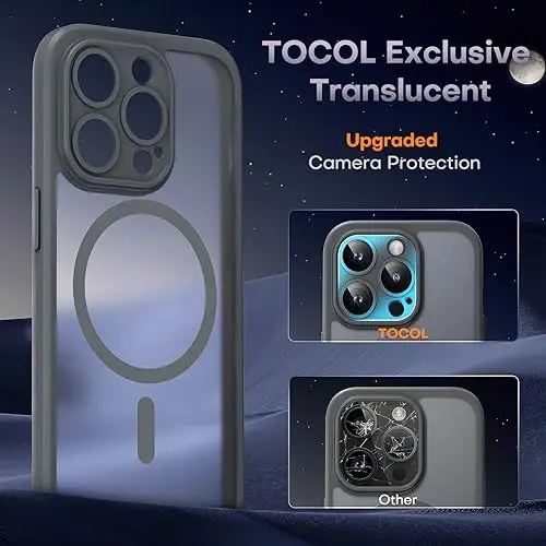 TOCOL Magnetic for iPhone 15 Pro Case, Upgraded Full Camera Protection, Compatible with Magsafe, Drop Protection, Translucent Matte Back Bumper Phone Cover 6.1-Inch (Gray) - 6