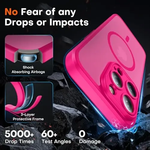 TOCOL Magnetic for iPhone 15 Pro Case, Upgraded Full Camera Protection, Compatible with Magsafe, Drop Protection, Translucent Matte Back Bumper Phone Cover 6.1-Inch (Hot Pink) - 4