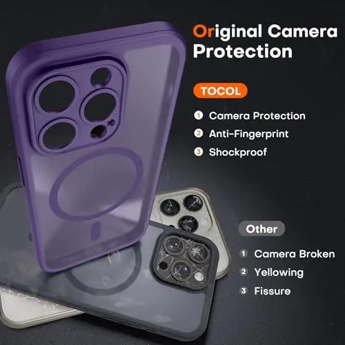TOCOL Magnetic for iPhone 15 Pro Case, Upgraded Full Camera Protection, Compatible with Magsafe, Drop Protection, Translucent Matte Back Bumper Phone Cover 6.1-Inch (Midnight Purple) - 5