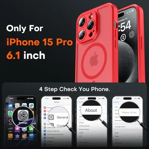 TOCOL Magnetic for iPhone 15 Pro Case, Upgraded Full Camera Protection, Compatible with Magsafe, Drop Protection, Translucent Matte Back Bumper Phone Cover 6.1-Inch (Red) - 2