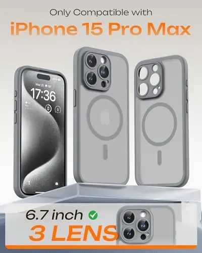 TOCOL Magnetic for iPhone 15 Pro Max Case, Upgraded Full Camera Protection, Compatible with Magsafe, Drop Protection, Translucent Matte Back Bumper Phone Cover 6.7-Inch（Gray） - TOCOL (1)