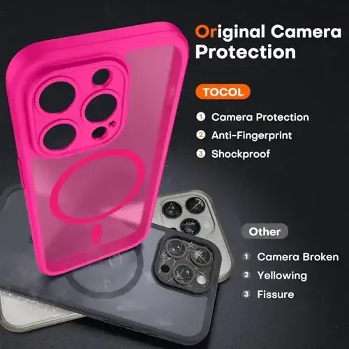 TOCOL Magnetic for iPhone 15 Pro Max Case, Upgraded Full Camera Protection, Compatible with Magsafe, Drop Protection, Translucent Matte Back Bumper Phone Cover 6.7-Inch（Hot Pink） - 5