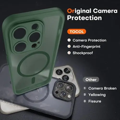 TOCOL Magnetic for iPhone 15 Pro Max Case, yangilangan to'liq kamera himoyasi, Magsafe bilan mos, tushishdan himoya, shaffof mat orqa bamperli telefon qopqog'i 6,7 dyuym (Alpine Green) - 5