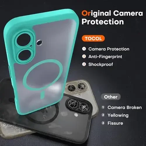 TOCOL Magnetic for iPhone 16 Case, Upgraded Full Camera Protection, Compatible with Magsafe, Drop Protection, Translucent Matte Back Bumper Phone Cover 6.1-Inch (Green) - 5