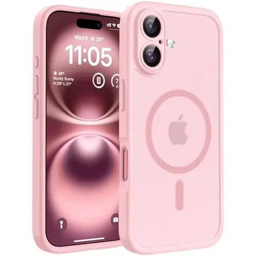 TOCOL Magnetic for iPhone 16 Case, Upgraded Full Camera Protection, Compatible with Magsafe, Drop Protection, Translucent Matte Back Bumper Phone Cover 6.1-Inch (Light Pink) - TOCOL