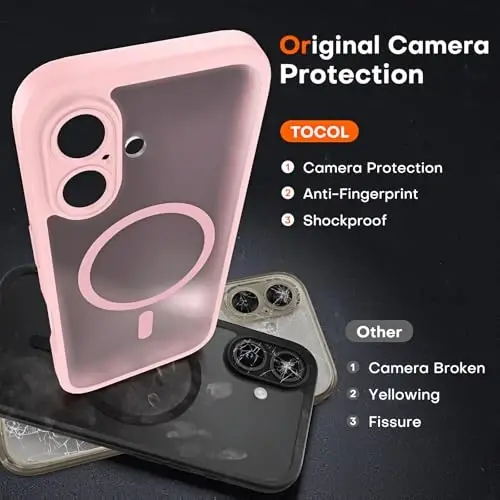 TOCOL Magnetic for iPhone 16 Case, Upgraded Full Camera Protection, Compatible with Magsafe, Drop Protection, Translucent Matte Back Bumper Phone Cover 6.1-Inch (Light Pink) - 5