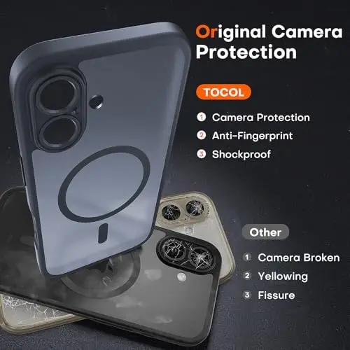 TOCOL Magnetic for iPhone 16 Case, Upgraded Full Camera Protection, Compatible with Magsafe, Drop Protection, Translucent Matte Back Bumper Phone Cover 6.1-Inch（Black） - 4