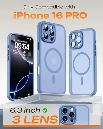 TOCOL Magnetic for 16 Pro Light Blue Case, Upgraded Full Camera Protection, Compatible with Magsafe, Drop Protection, Translucent Matte Back Bumper for iPhone 16 Pro 6.3-Inch (Light Blue) - 2