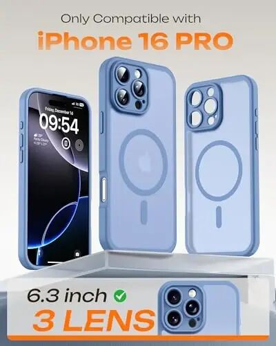 TOCOL Manyetik 16 Pro Açık Mavi Kılıf, Gelişmiş Tam Kamera Koruması, Magsafe Uyumlu, Düşme Koruması, iPhone 16 Pro 6.3-İnç için Yarı Saydam Mat Arka Tampon (Açık Mavi) - TOCOL (1)