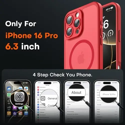 TOCOL Magnetic for 16 Pro Red Case, Upgraded Full Camera Protection, Compatible with Magsafe, Drop Protection, Translucent Matte Back Bumper for iPhone 16 Pro 6.3-Inch (Red) - TOCOL (1)