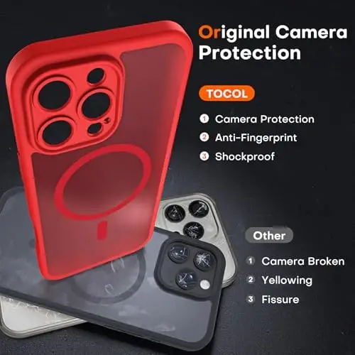 TOCOL Magnetic for 16 Pro Red Case, Upgraded Full Camera Protection, Compatible with Magsafe, Drop Protection, Translucent Matte Back Bumper for iPhone 16 Pro 6.3-Inch (Red) - 5