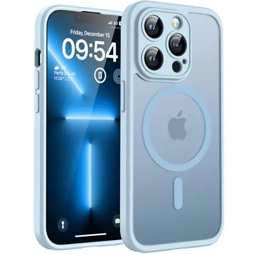 TOCOL Manyetik iPhone 13 Pro Kılıfı Yükseltilmiş Tam Kamera Koruması Magsafe ile Uyumlu Düşme Koruması Yarı Saydam Mat Arka Tampon Telefon Kapağı 6,1 İnç (Açık Mavi) 
