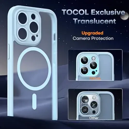 TOCOL Magnetic for iPhone 13 Pro Case Upgraded Full Camera Protection Compatible with Magsafe Drop Protection Translucent Matte Back Bumper Phone Cover 6.1-Inch（Light Blue） - 6
