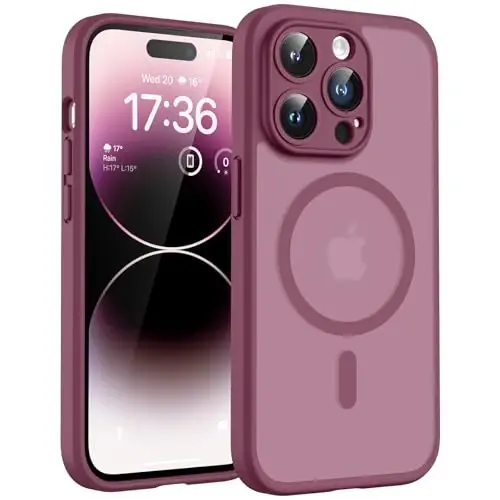 TOCOL, Phone 14 Pro Max Kılıfı ile Uyumlu, Magsafe Şarj Cihazı ile Uyumlu, Tam Kamera Koruması, Düşme Koruması, Yarı Saydam Mat Telefon Kılıfı, iPhone 14 Pro Max 6.7 inç için (Erik Rengi) 