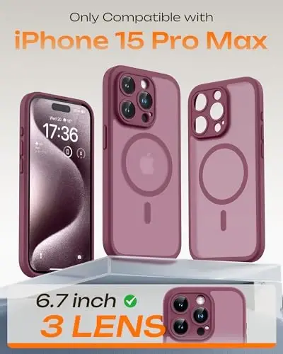 TOCOL Phone 15 Pro Max gʻilofi uchun, Magsafe quvvatlagichi bilan mos keladi, Toʻliq kamera muhofazasi, Tushib ketishdan himoya, iPhone 15 Pro Max 6.7 dyuym uchun shaffof matli telefon gʻilofi (Olcha rangi) - 2