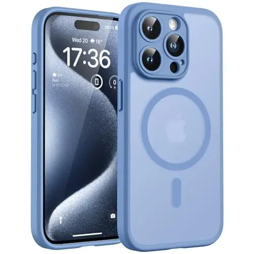 TOCOL, Phone 15 Pro Max Kılıfı ile Uyumlu, Magsafe Şarj Cihazı ile Uyumlu, Tam Kamera Koruması, Düşme Koruması, Yarı Saydam Mat Telefon Kılıfı, iPhone 15 Pro Max 6.7 inç için (Açık Mavi) 