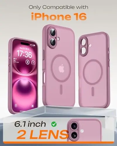 TOCOL Phone 16 G‘ilof, Magsafe Zaryadlovchi bilan mos keladi, To‘liq kamera himoyasi, Tushib ketishdan himoya, iPhone 16 6.1 dyuym uchun shaffof mat telefon g‘ilofi (Lola binafsha rang) - TOCOL (1)