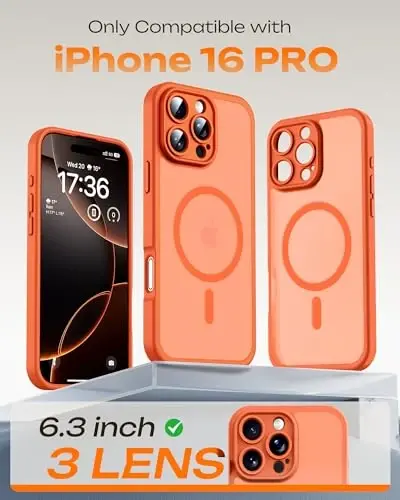 TOCOL, Phone 16 Pro Kılıf için, Magsafe Şarj Cihazı ile Uyumlu, Tam Kamera Koruması, Düşme Koruması, iPhone 16 Pro 6.3 inç için Yarı Saydam Mat Telefon Kılıfı (Turuncu) - 2