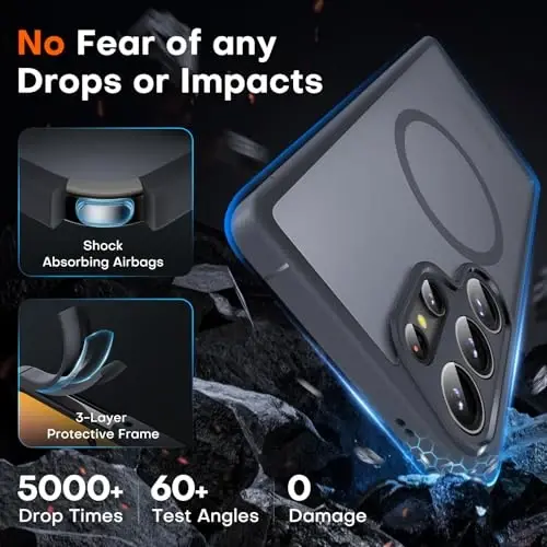 TOCOL Samsung Galaxy S25 Ultra uchun g‘ilof, Yangilangan to‘liq kamera himoyasi, Magsafe bilan mos keladi, Tushib ketishdan saqlaydigan yupqa magnitli mat orqa qopqoq S25 Ultra 6.9 dyuym uchun (Qora) - 4