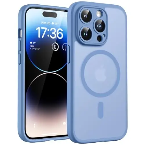 TOCOL, Telefon 14 Pro Kılıfı ile Uyumlu, Magsafe Şarj Cihazı ile Uyumlu, Tam Kamera Koruması, Düşme Koruması, Yarı Saydam Mat Telefon Kılıfı, iPhone 14 Pro 6.1 inç için (Açık Mavi) 